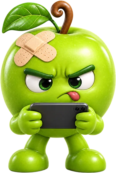 The apple mascot playing a game on a phone