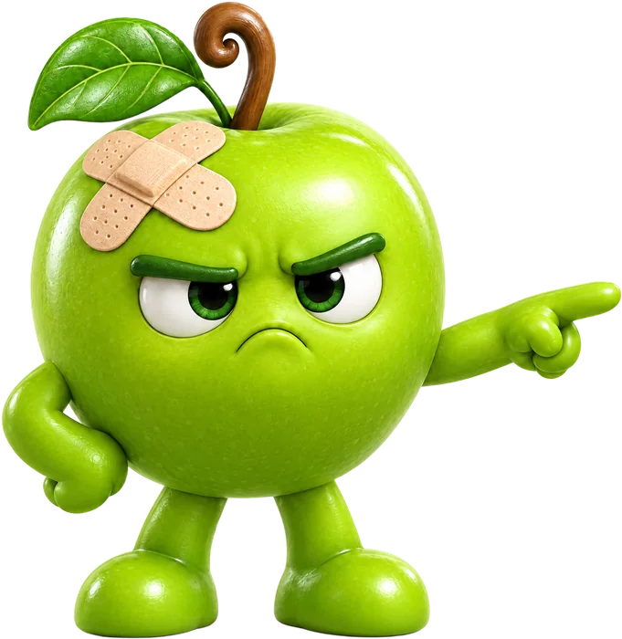 The apple mascot pointing