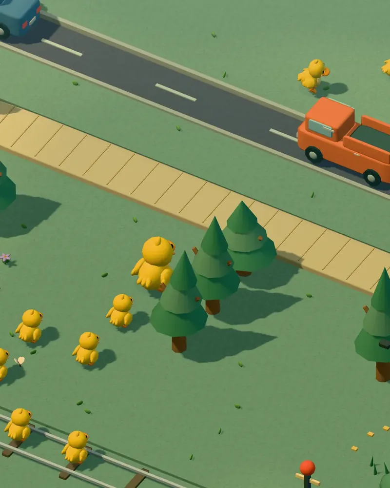 A duck leading a line of ducklings past a road and pine trees